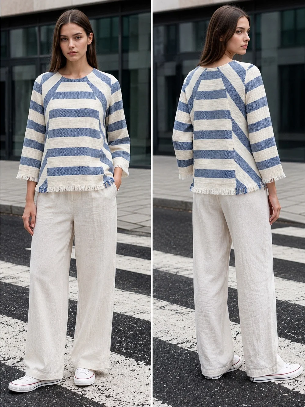 Zara Basic Collection Women’s M Blue Cream Striped Fringe Woven Pullover Top